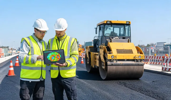 Engineers reviewing compaction map on highway paving site