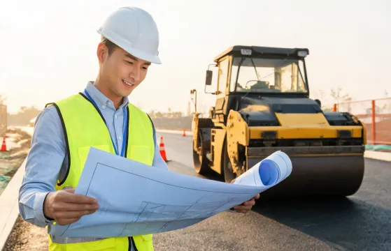 Hamm application engineer reviewing paving drawings on site
