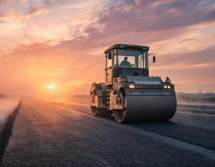 Vibratory tandem roller compacting highway base course