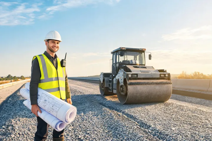 Site supervisor planning paving crew beside a tandem roller